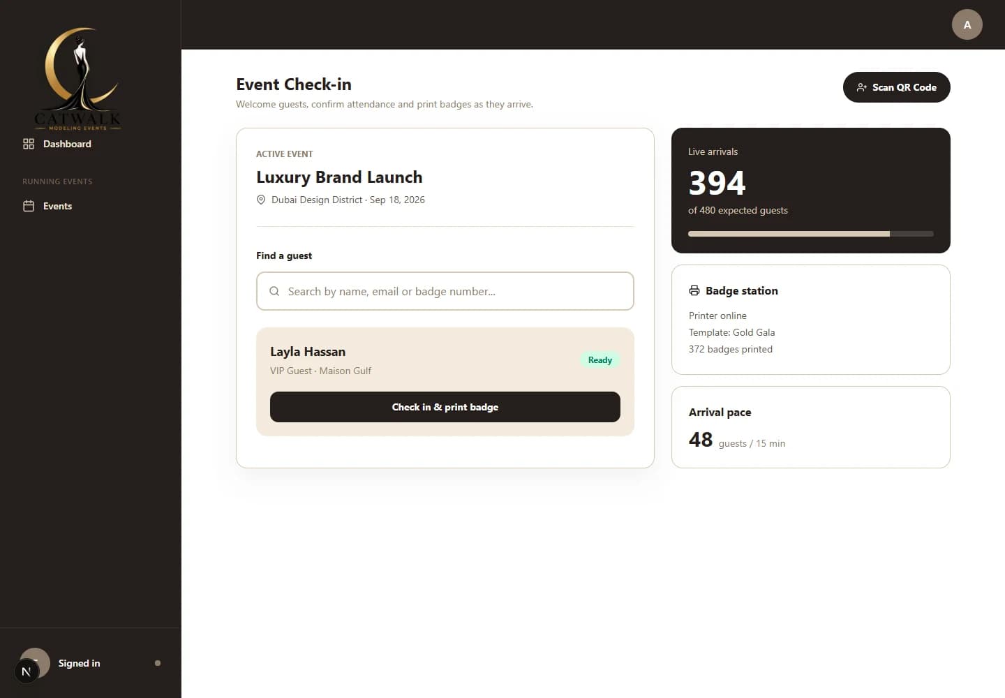 Catwalk live event check-in workflow