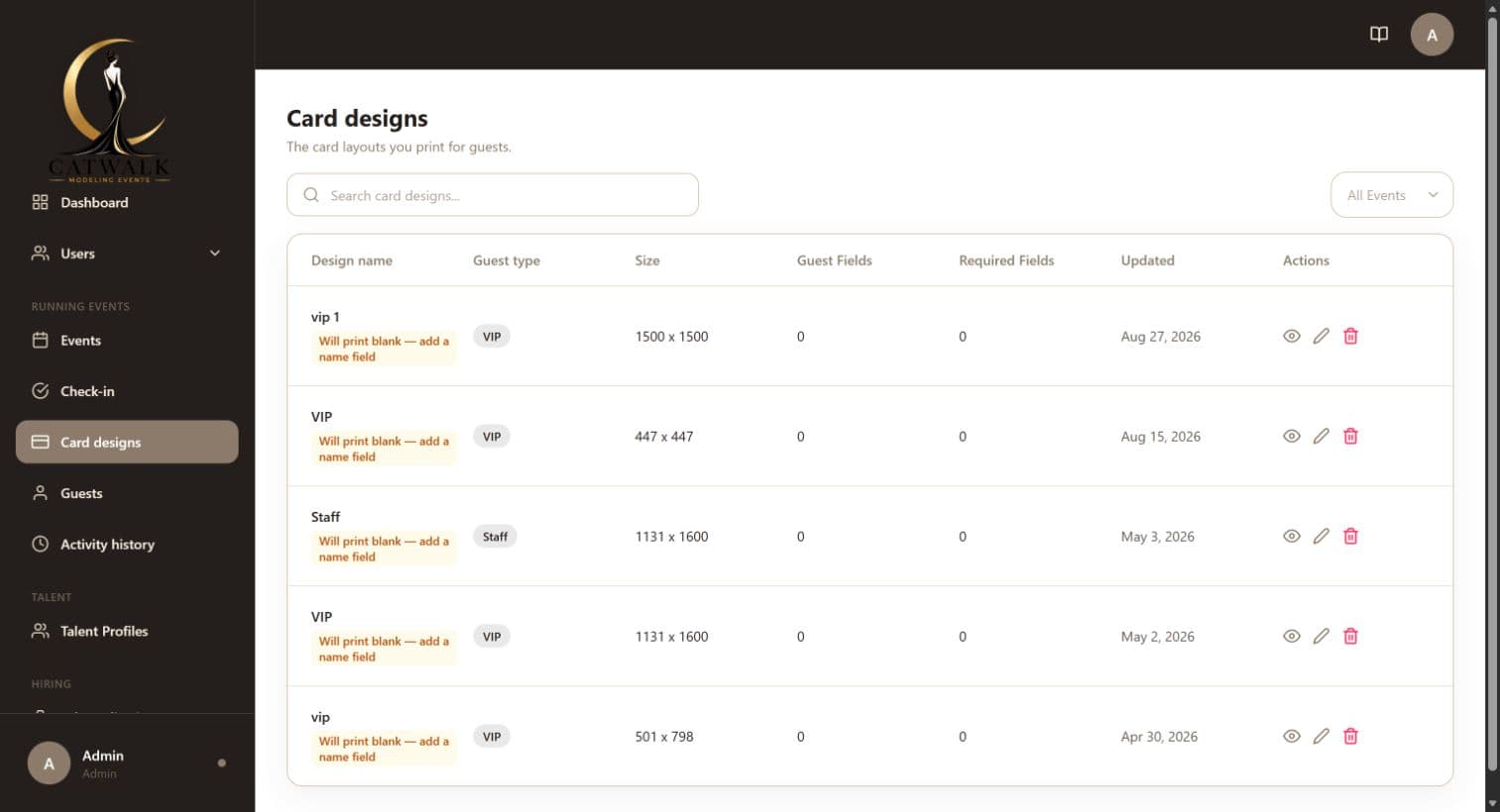 Live Catwalk card design management