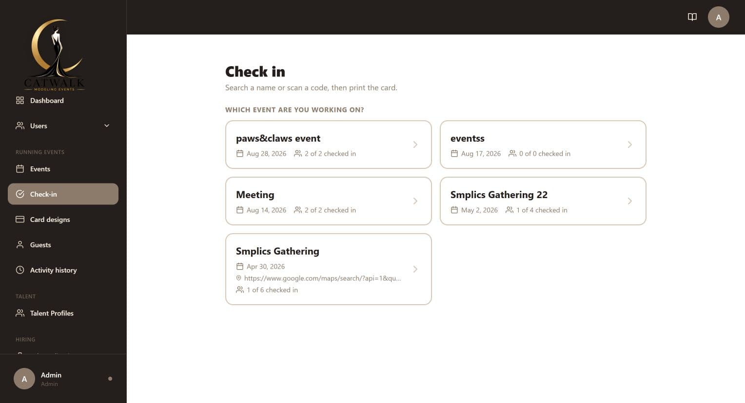 Live Catwalk event check-in workflow