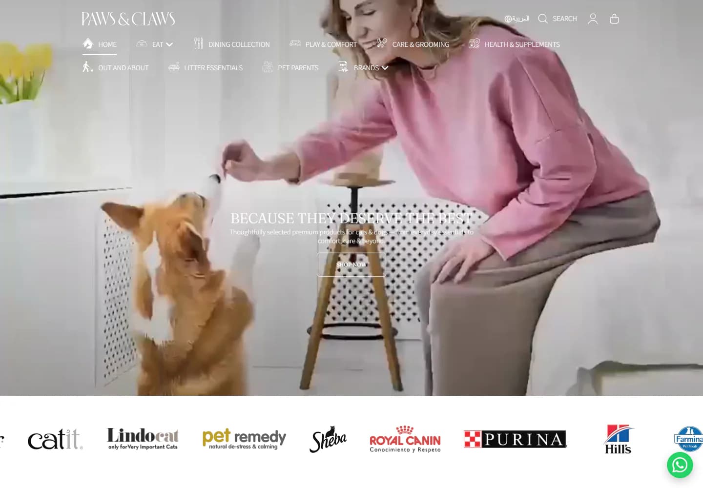 Paws and Claws online pet store homepage